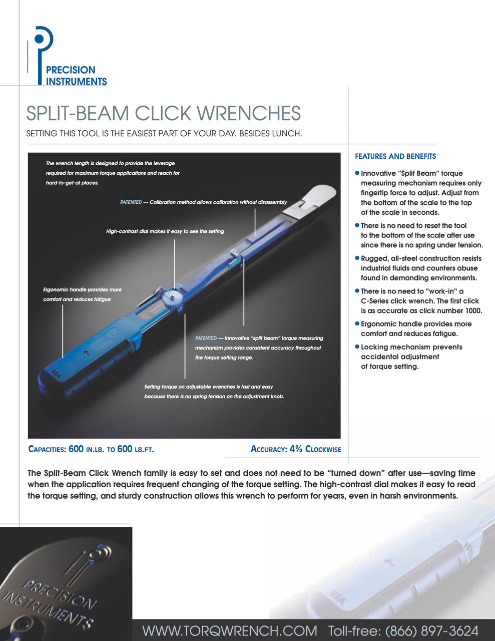 Precision Instruments プレシジョンインスツルメンツ  3/8" ドライブスプリットビームクリックレンチ - C2FR600H