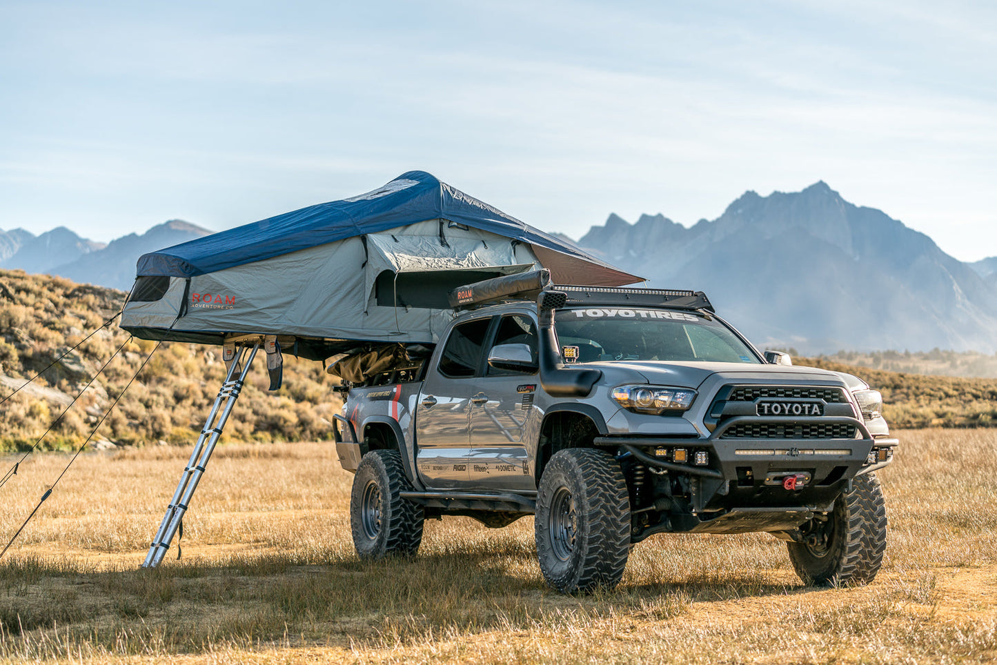 Vagabond Rooftop Tent in Slate Grey Navy Blue shown on Toyota Tacoma